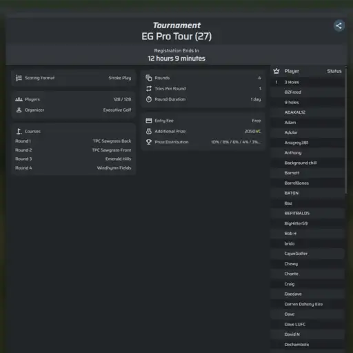 Executive Golf tournaments menu